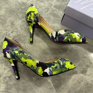 Marc Fisher Joey Canvas Floral Peep Toe Heels Women's 5 Shoe Green Designer